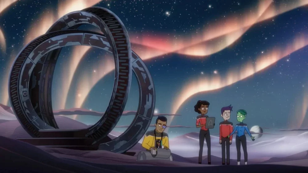 Eugene Cordero, Tawny Newsome, Jack Quaid und Noel Wells in „Star Trek: Strange New Worlds“