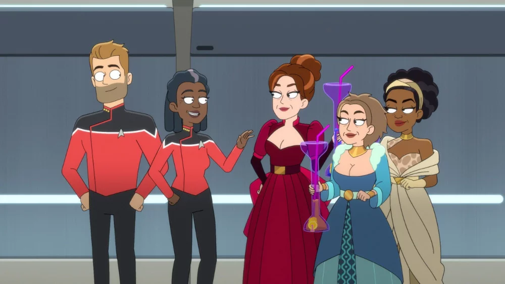 Ransom und Freeman mit den drei Gästen von Betazoid in „Star Trek: Lower Decks“