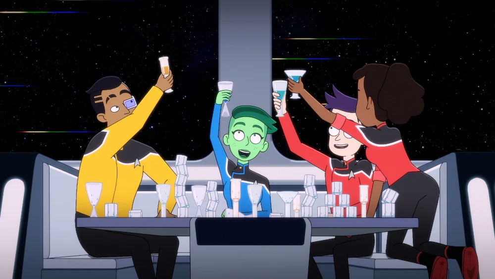 Rutherford, Tendi, Boimler und Mariner feiern ihr erstes Abenteuer in „Star Trek: Lower Decks“
