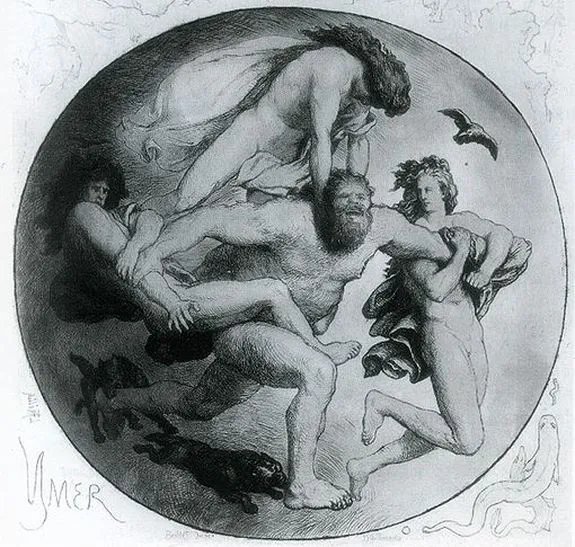 Das Urwesen Ymir wird von Odin und seinen BrĂŒdern getötet - eine Illustration von Lorenz FrĂžlich aus dem Jahre 1900.