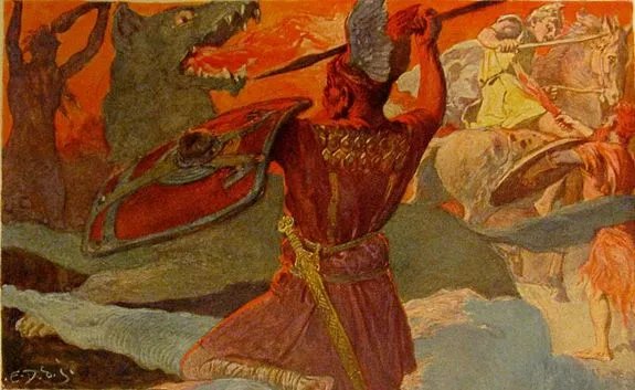 Odin im Kampf gegen den Fenriswolf und den Feuerriesen Surt in einer Zeichnung von Emil Doepler.
