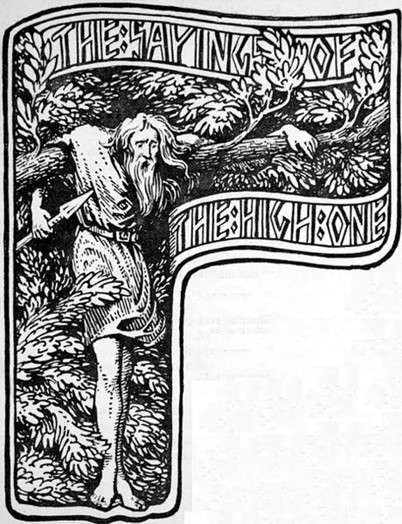 Odin am Weltenbaum Yggdrasil in einer Illustration von W.G. Collingwood aus dem Jahre 1908.