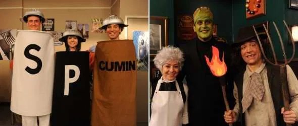 Marshall; Lily und Ted als Salz; Pfeffer und Kümmel sowie Frankenstein; sein Monster und ein erboster Dorfbewohner © CBS
